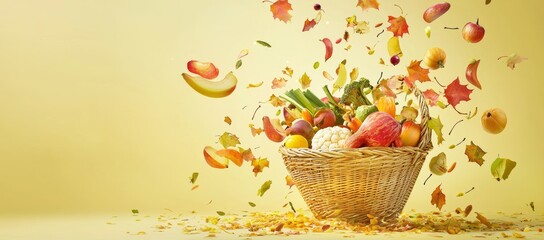 Poster - A wooden rattan basket of autumn vegetables and pumpkins is falling on an orange background 3D rendering, 3D illustration