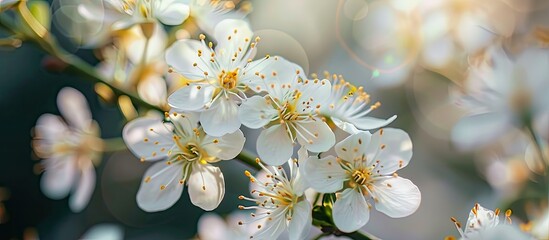Wall Mural - front view of blooming small white flowers with long stamens in a macro shot against a blurred backg