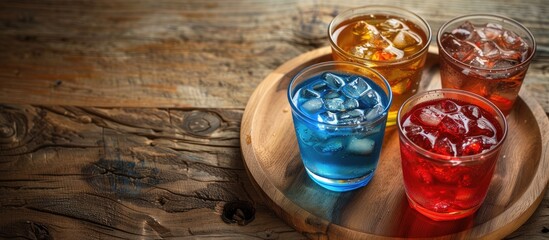 Poster - Italian soda in red green and blue colors displayed on a wooden plate with copy space image