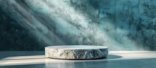 Aufkleber - Cliff stone podium showcasing products with blue studio lighting background ideal for advertisements providing ample copy space image