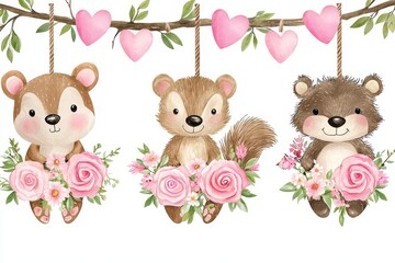 Sticker - Illustration of hand drawn baby woodland animals, including a fox, hare, mouse, hedgehog, bear and squirrel, with a flower illustration. Excellent for nursery posters.