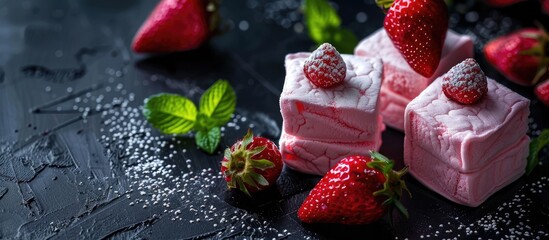 Aufkleber - High quality close up image of pink dessert marshmallow with strawberries on a black background featuring ample copy space
