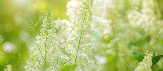 Poster - Close up of white meadowsweet flowers on a meadow in summer with a green botanical backdrop suitable as a copy space image for medical plant related content