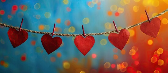Leinwandbilder - Paper hearts in red displayed on a rope against a colorful backdrop with empty space in the image for customization. Creative banner. Copyspace image