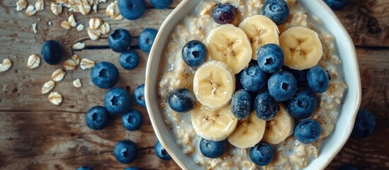 Aufkleber - Top down view of a healthy oatmeal bowl adorned with blueberries and banana slices accompanied by additional fruits Ample space for text on the image