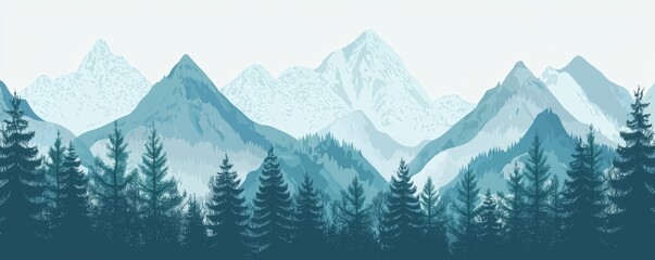 Sticker - Snowy mountains with woodland background illustration in modern format