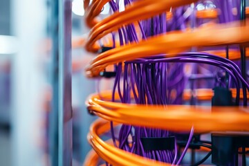 Wires in orange and purple installed on building ceiling.