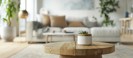 Fototapete - Wooden table with no items placed on it set against a blurred Scandinavian living space ideal for showcasing products with copy space image