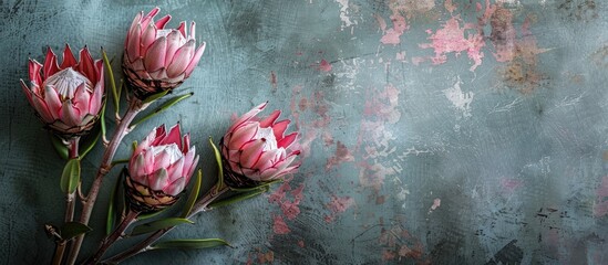 Poster - Gorgeous pink protea flowers on a textured grunge background suitable for a copy space image