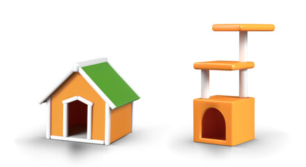 Set of 3D houses for cat and dog. Vector kennel, high house with multi level beds