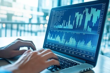 Fototapete - Working with Business Analytics and Data Management System on the computer to make reports with KPIs and metrics connected to the database. Creating corporate strategy for finance, operations, sales,