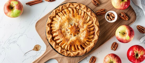 Sticker - Close up top view of a homemade golden crust apple cinnamon pie on a wooden cutting board with apples and walnuts on a white table offering copy space for an image