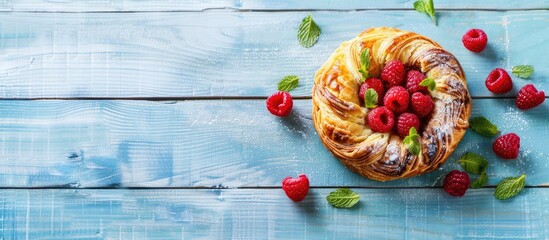 Aufkleber - View from above of a delectable puff pastry garnished with raspberries and mint on a pale blue wooden surface leaving room for copy space image