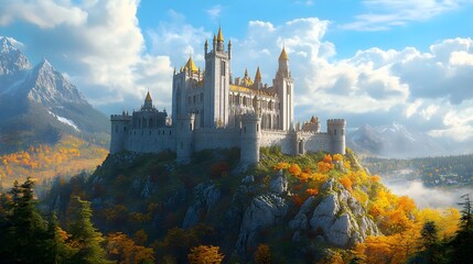 Majestic medieval castle on hilltop, bright blue sky with white fluffy clouds, lush green forest surroundings, mountain landscape, Gothic architecture.