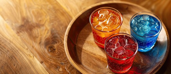 Poster - Italian soda in red green and blue colors displayed on a wooden plate with copy space image