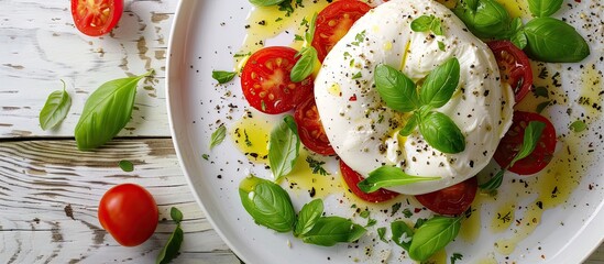 Close up of a tasty burrata salad on a white wooden surface with a blank area for text in the image. Creative banner. Copyspace image