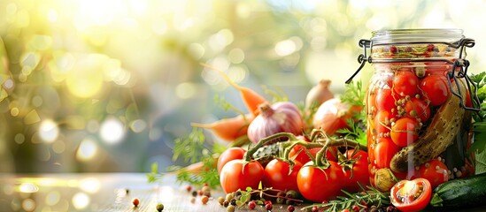 Poster - Jar of pickled tomatoes surrounded by vegetables on a bright background with ample copy space image