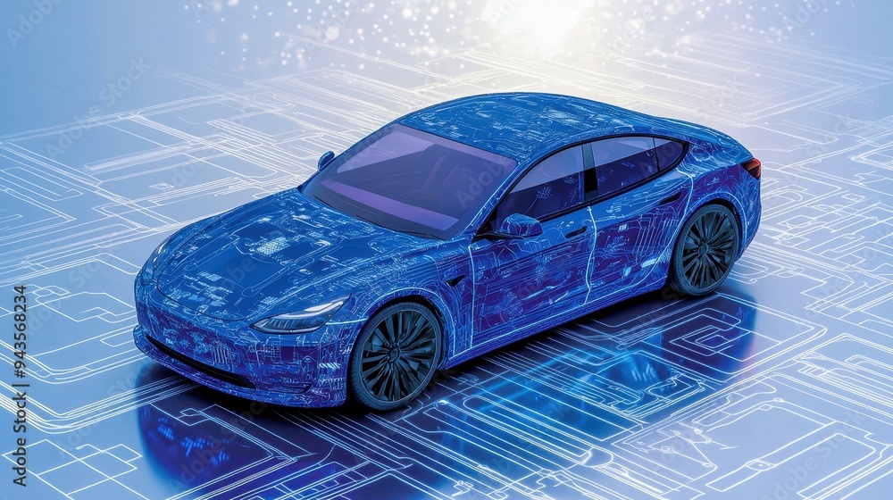 Futuristic electric car design with a sleek blue exterior and digital ...