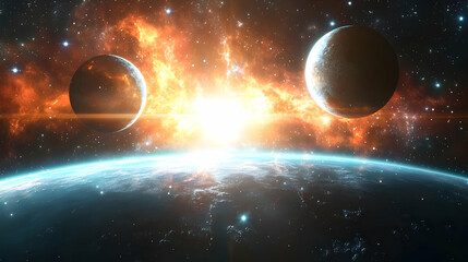 Wall Mural - A distant planet with a fiery nebula and two moons in the cosmic background.
