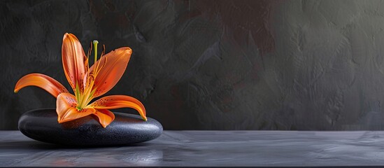 Aufkleber - Podium display featuring a black textured stone with an orange lily atop creates an elegant composition with copy space image