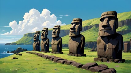 Wall Mural - A captivating pixel art landscape showcasing the mysterious Moai statues of Easter Island