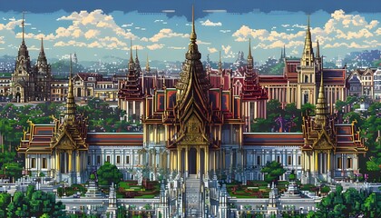 Wall Mural - A pixel art landscape showcasing The Grand Palace with a focus on its opulent architecture