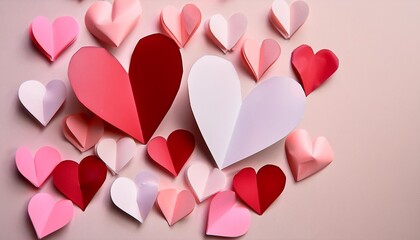 Wall Mural - paper cut hearts in red pink and white on a neutral background for weddings cards valentine s day holiday background