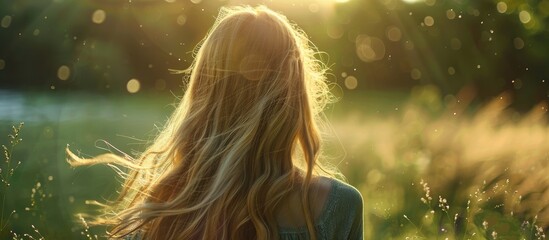 Poster - Woman with long blonde hair behind her enjoying the outdoors in the summer with a background perfect for adding text or images. Creative banner. Copyspace image