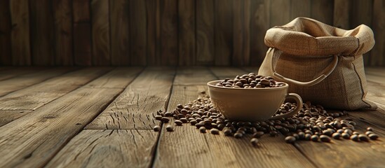 Poster - Coffee cup beans and sack on a wooden floor with a copy space image