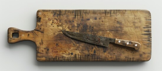 Aufkleber - Photograph of antique knife and chopping board on white backdrop with copy space image