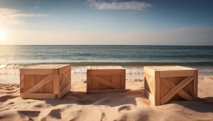 Wall Mural - empty wooden boxes on the beach