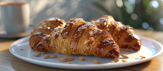 Aufkleber - Croissants with almonds displayed on a white plate with copy space image