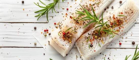 Poster - Close up of raw cod fish rosemary and spices on a white wooden table with space for text in the image. Creative banner. Copyspace image