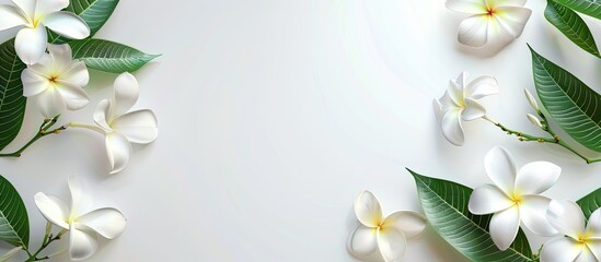 Poster - Copy space image of a white plumeria plant on a white background with blossoming flowers leaves and branches