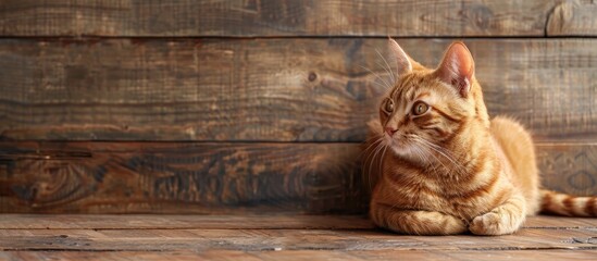 Sticker - A charming domestic cat in a red tabby pattern relaxing on a wooden floor with a background suitable for a copy space image Close up of its neck presents endearing details