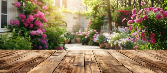Fototapete - Wooden table providing copy space image against blurred garden view from a home window ideal for showcasing advertising products
