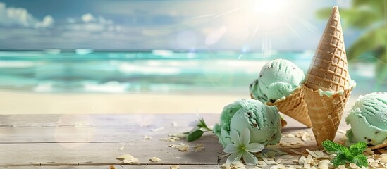 Poster - A summer themed copy space image featuring mint ice cream scoops in waffle cones on a wooden table set against a blurred tropical beach backdrop