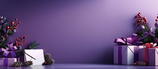 Poster - Purple background with Christmas decor gifts and a letter to Santa on blank paper with envelopes suitable for a copy space image