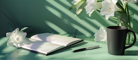 Poster - Festive office desk concept featuring a summer themed arrangement with an open blank notepad a black coffee cup white gladiolus flowers and a pen on a green background with a morning coffee cup