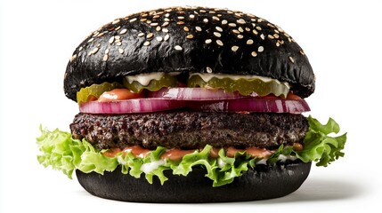 A tantalizing black burger rests on a pristine white background, its ebony bun enveloping succulent patties, crisp lettuce, and flavorful toppings. 