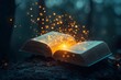 © StockUp - An open book glowing with magical light, surrounded by a dark and mystical forest ambiance and sparkle effects.