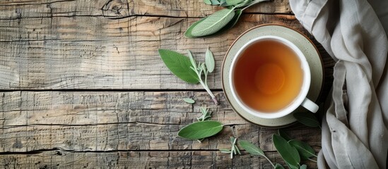 Sticker - Top view of a cup of fragrant herbal tea with sage on a wooden table ideal for adding text Includes copy space image