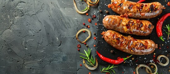 Savory pork sausage cooked with onions and hot peppers on a rustic dark concrete surface with copy space image available