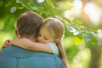 A heartwarming scene of a child embracing an adult in a loving hug, set against a serene, sunlit green environment.