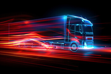 motion blur of a fast moving truck on the highway, black and blue, purple, pink neon colors