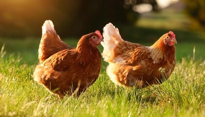 two chickens in the grass in the farm