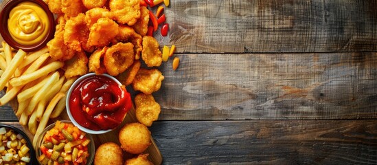 Poster - Close up of a wooden serving board with various fried snacks and sauces creating an appetizing copy space image