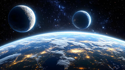 Wall Mural - A distant view of Earth from space, with two moons in the sky, surrounded by stars.
