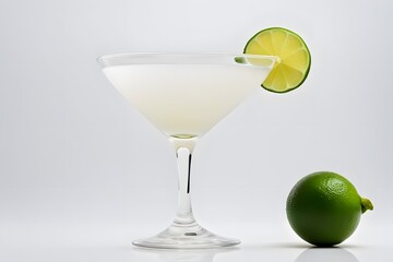 Wall Mural - A classic daiquiri in a cocktail glass with a lime wheel garnish on a white background, Ai Generated