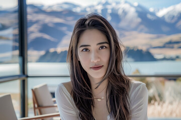 Wall Mural - A woman with long brown hair is sitting at a table with a view of mountains. She is wearing a white shirt and a necklace